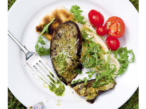 AUBERGINE STEAKS WITH PESTO AND GRIDDLED FLATBREADS
