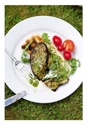 AUBERGINE STEAKS WITH PESTO AND GRIDDLED FLATBREADS