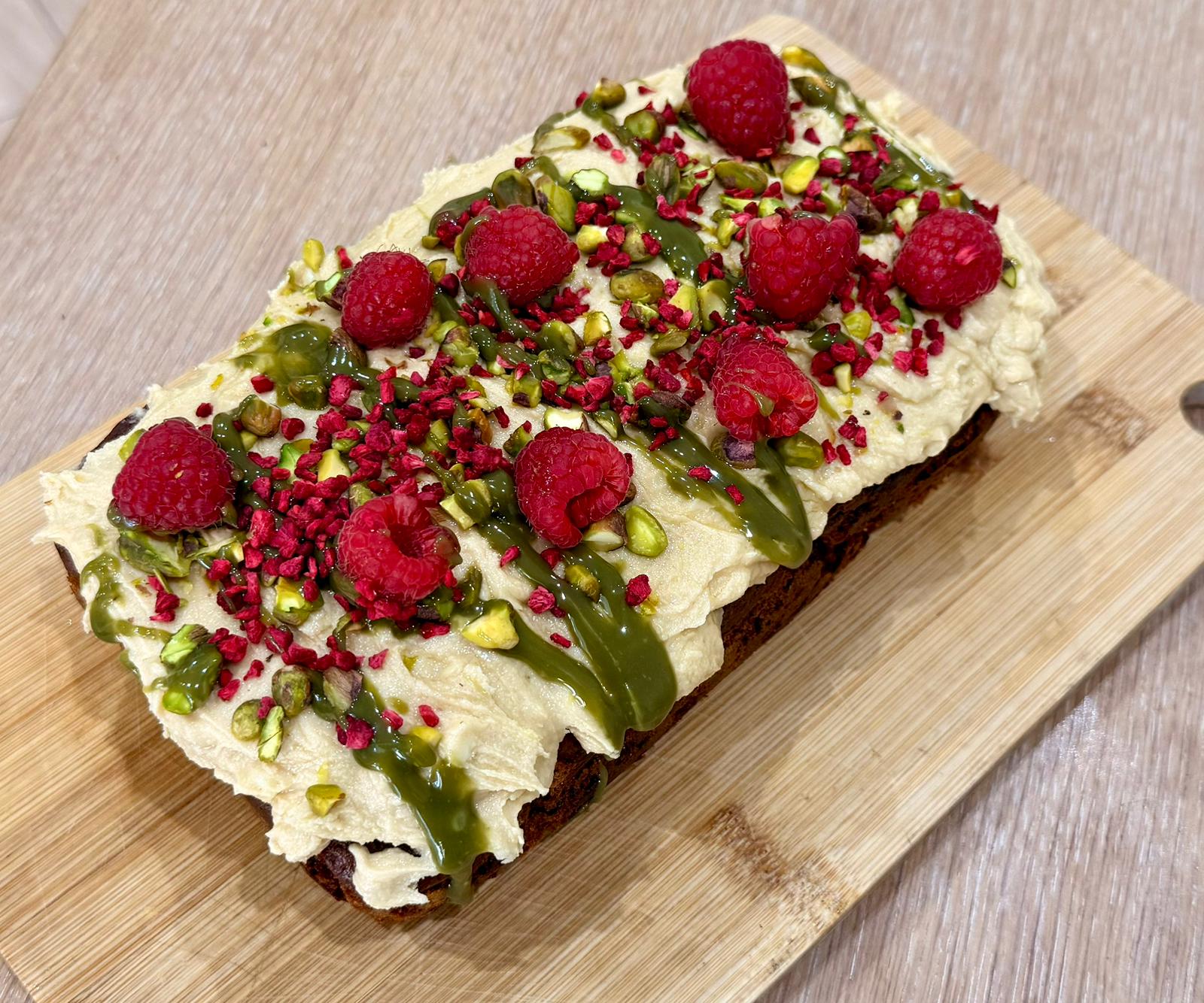 White chocolate, pistachio & raspberry loaf cake